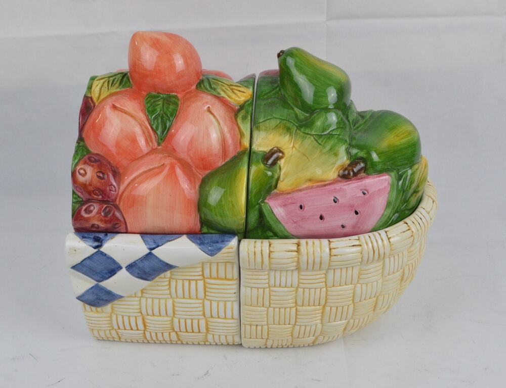 Susan Winget Certified Int’l Fruit Ceramic Basket Cookie Jar Canister Set 2